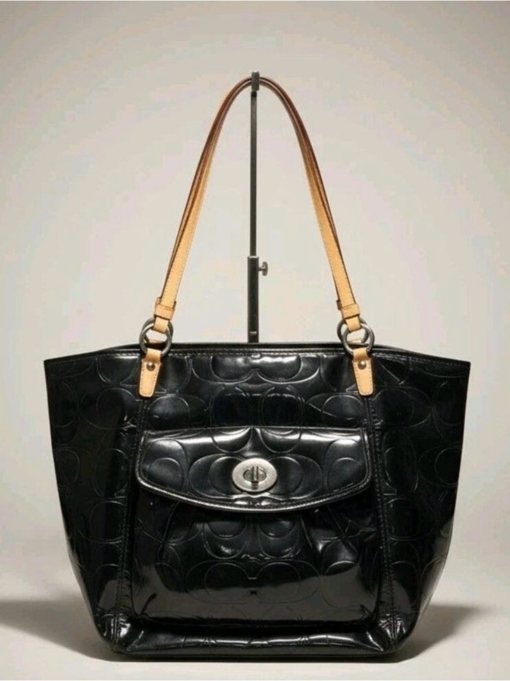 Coach Black Patent Leather Tote with Tan Straps